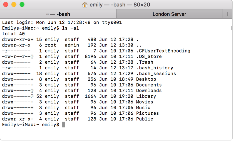 सूची निर्देशिका सामग्री कमांड का आउटपुट तथा London Server नामक एक दूसरा टैब दिखाने वाली Terminal विंडो।