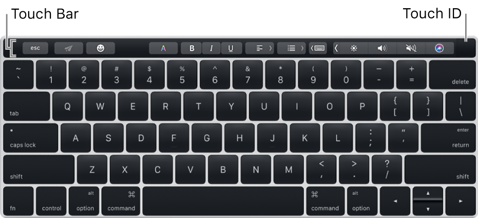 Một bàn phím với Touch Bar dọc theo cạnh trên cùng; Touch ID được đặt ở đầu bên phải của Touch Bar