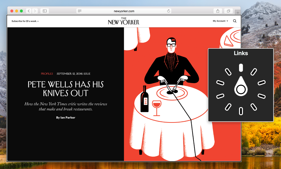 Une page web Safari dans le curseur VoiceOver, le rotor VoiceOver étant défini sur Liens.