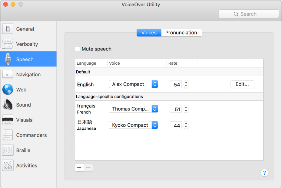 A VoiceOver segédprogram Beszédhangok panelje, angol, francia és japán nyelvre vonatkozó beszédhangbeállításokkal.