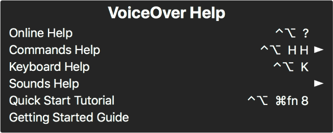 El menú Ajuda VoiceOver és un tauler que mostra una llista, de dalt a baix, de: Ajuda en línia, Ajuda de les ordres, Ajuda Teclat, Ajuda dels sons, Programa d’aprenentatge de l’inici ràpid i Guia d’introducció. A la dreta de cada ítem hi ha l’ordre de VoiceOver que mostra l‘ítem o una fletxa per accedir a un submenú.