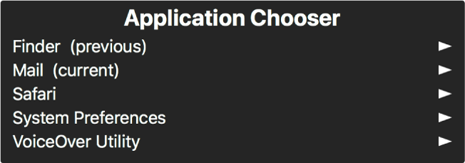 Selector de aplicación es un panel que muestra las aplicaciones actualmente abiertas. A la derecha de cada elemento en la lista hay una flecha.