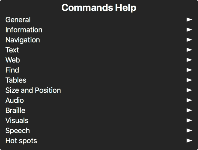 Le menu Aide Commandes est une sous-fenêtre qui répertorie des catégories de commandes, commençant par Général et se terminant par Points de navigation. Une flèche apparaît à droite de chaque élément de la liste pour accéder à son sous-menu.