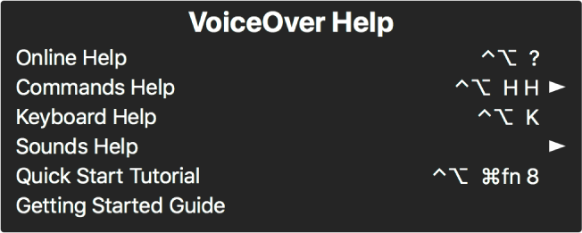 Il menu dell’Aiuto di VoiceOver è un pannello in cui sono elencati i seguenti elementi, dall’alto verso il basso: Aiuto Online, Aiuto Comandi, Aiuto Tastiera, Aiuto Suoni, Tutorial Guida Rapida e Guida Utente. Alla destra di ciascun elemento si trova il comando VoiceOver da utilizzare per visualizzare l'elemento, oppure una freccia per accedere a un sottomenu.