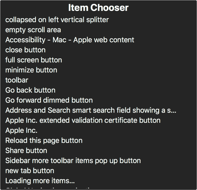 На панели выбора объектов перечислены различные объекты, такие как пустая область прокрутки, кнопка закрытия панель инструментов, кнопка «Поделиться» и прочие.