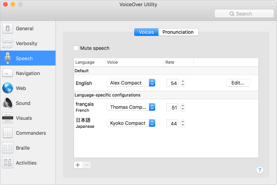 “VoiceOver 实用工具”的“声音”面板，显示英语、法语和日语语言的声音设置。