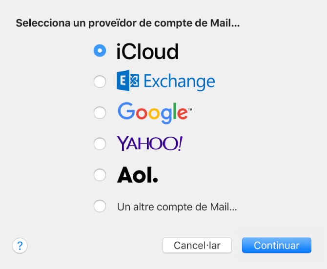 El tauler “Afegir un compte” per afegir comptes de correu electrònic al Mail.
