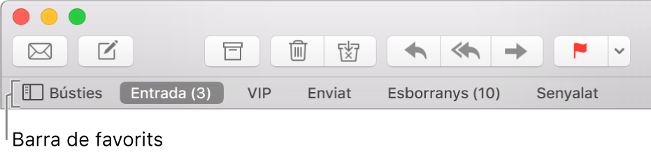 La barra de favorits mostrant el botó Bústies i un botó per a les bústies Entrada, VIP, Enviat, Esborranys i Senyalats.
