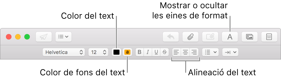 La barra d’eines i la barra de format a la finestra d’un missatge nou, indicant els botons de color de text, color de fons del text i alineació de text.