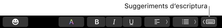 La Touch Bar amb el botó per mostrar suggeriments d‘escriptura a l‘extrem dret.