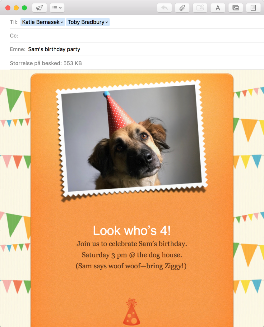 Vinduet Ny besked i Mail med en ny besked, der bruger standardlayout og et fotografi.