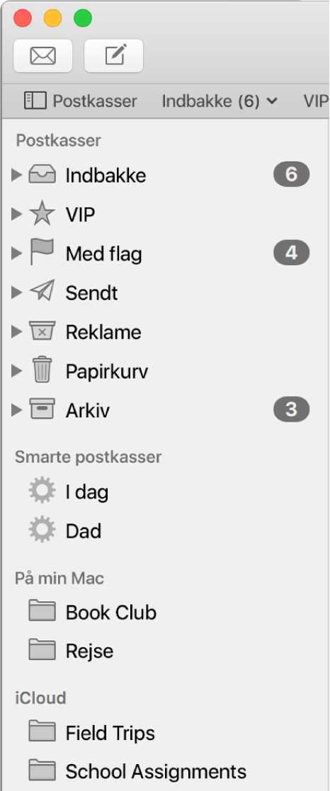 Indholdsoversigten i Mail, der viser standardpostkasser (f.eks. Indbakke og Udkast) øverst i indholdsoversigten, og postkasser, du har oprettet under På min Mac og iCloud.