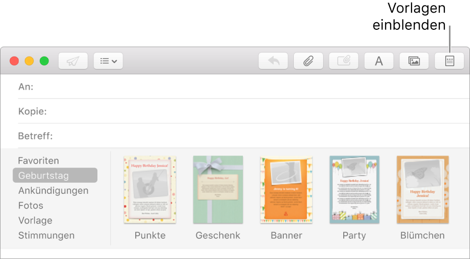 Klicke auf die Taste „Vorlage“ oben rechts in einer neuen E-Mail, um Vorlagen anzuzeigen, z. B. Geburtstag.