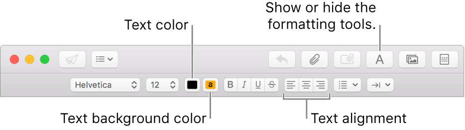 The toolbar and formatting bar in a new message window indicating the text color, text background color, and text alignment buttons.