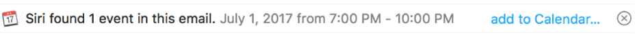 A banner below the message header in the preview area shows information about an event Siri found in the message. A link to add the event to Calendar is located at the right end.