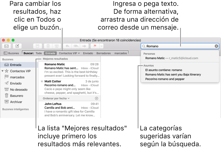 El buzón en que se busca aparece resaltado en la barra de búsqueda. Para buscar en otro buzón, haz clic en su nombre. Puedes escribir o pegar texto en el campo de búsqueda, o arrastrar una dirección de correo electrónico desde un mensaje. A medida que escribes, aparecen sugerencias bajo el campo de búsqueda. Están organizadas en categorías, como Asunto o Archivos adjuntos, dependiendo del texto de búsqueda. “Mejores resultados” muestra primero los resultados más relevantes.
