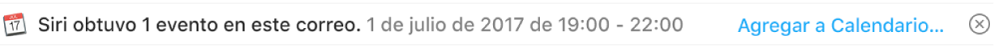 Se muestra información sobre un evento que Siri encontró en el mensaje en una tira debajo del encabezado de mensaje en el área de vista previa. En el extremo derecho se encuentra un enlace para agregar el evento a Calendario.