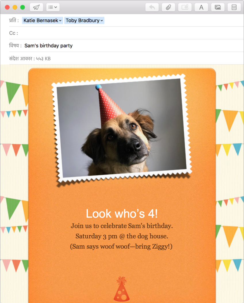 Mail कम्पोज़ विंडो एक नया संदेश दिखाता है जो स्टेशनरी और तस्वीरें का उपयोग करता है।