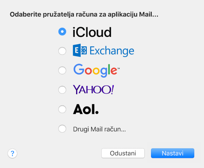 Prozor Dodaj račun za dodavanje e-mail računa u aplikaciju Mail.