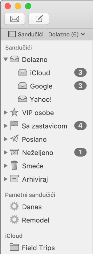 Rubni stupac aplikacije Mail prikazuje različite račune i sandučiće. Iznad rubnog stupca nalazi se tipka Sandučići (u traci Omiljene stavke) koju možete kliknuti za prikaz ili skrivanje rubnog stupca.