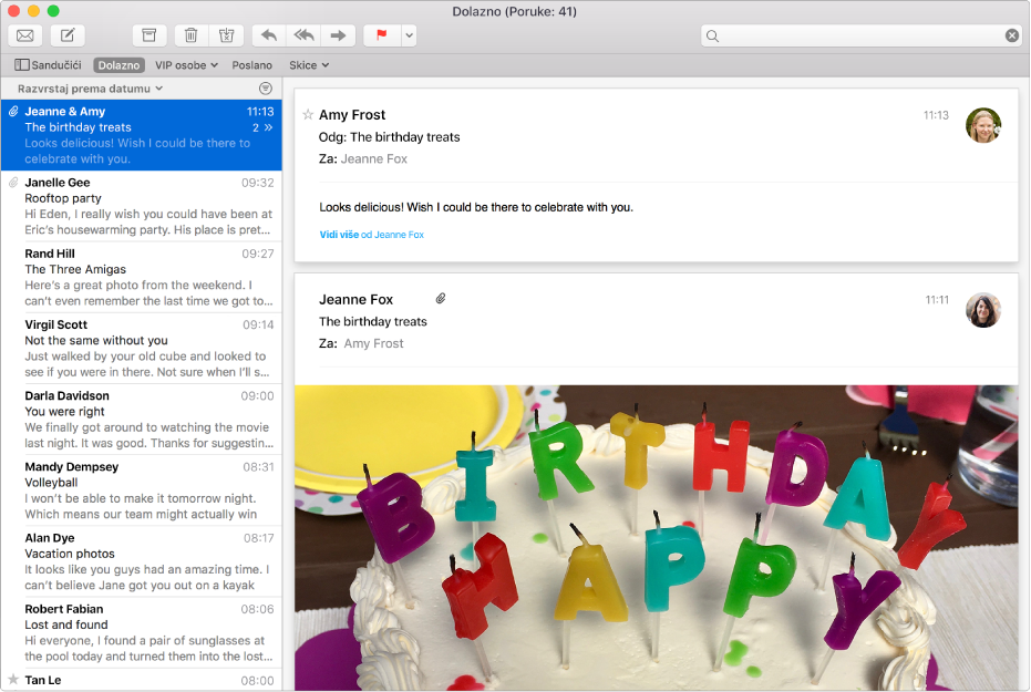 Prozor aplikacije Mail prikazuje popis poruka i poruku sa slikama u području pretpregleda.