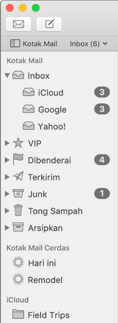 Bar samping Mail menampilan akun dan kotak mail berbeda. Di atas bar samping terdapat tombol Kotak Mail (terdapat di bar Favorit) yang Anda klik untuk menampilkan atau menyembunyikan bar samping.