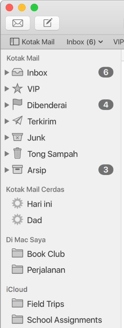 Bar samping Mail menampilkan kotak mail standar (seperti Inbox dan Draf) di bagian atas bar samping dan kotak mail yang Anda buat di bagian Di Mac Saya dan iCloud.