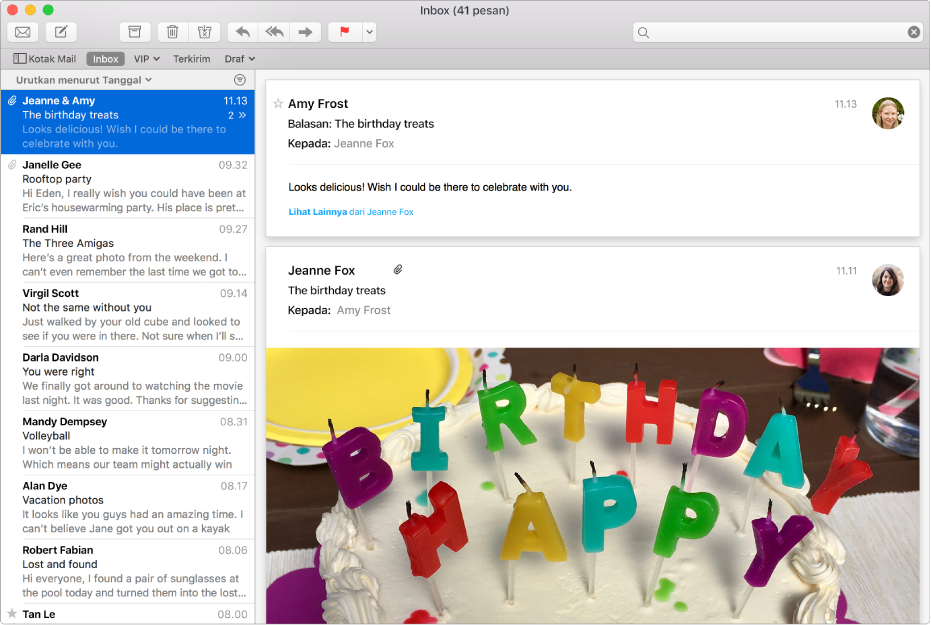 Jendela Mail menampilkan daftar pesan dan pesan dengan gambar di area pratinjau.