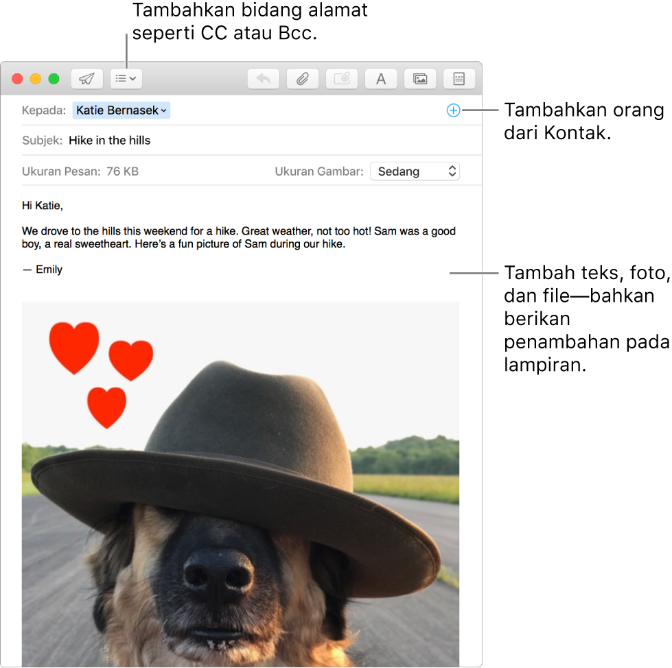 Jendela pesan baru berisi tombol Bidang Header, tombol Tambah di bidang alamat untuk menambahkan orang dari Kontak, dan menampilkan gambar yang telah diubah di isi pesan.