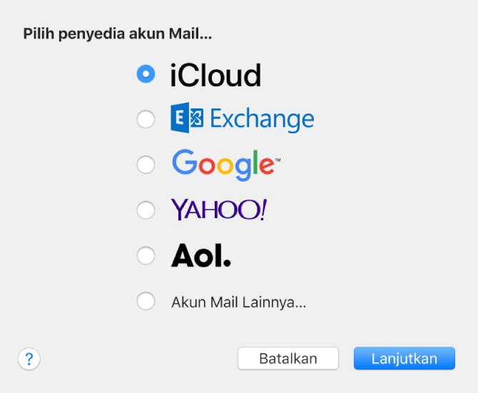 Panel Tambah Akun untuk menambahkan akun email ke Mail.