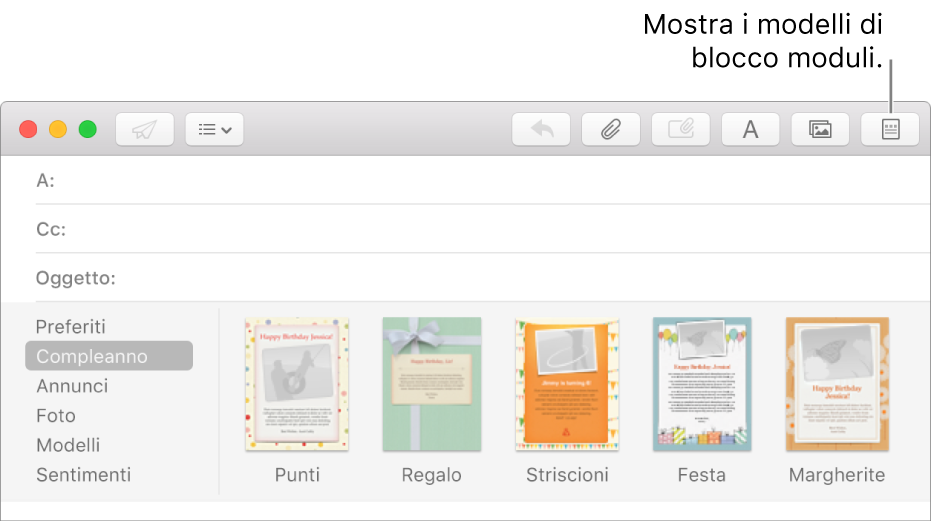 Fai clic sul pulsante Modelli nell'angolo in alto a destra di un nuovo messaggio per visualizzare i modelli, ad esempio Compleanno.