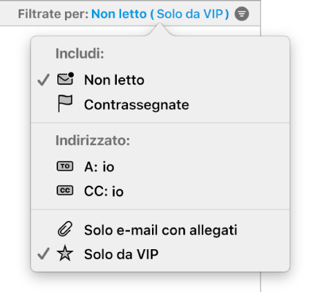 Il menu a comparsa dei filtri mostra i sei filtri possibili: Non letto, Contrassegnato, A: Me, CC: Me, “Solo e-mail con allegati” e “Solo da VIP”.