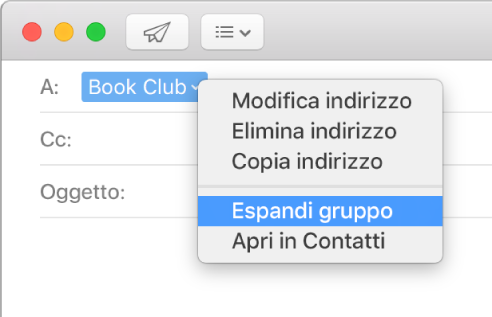 E-mail che include un gruppo nel campo A e il menu a comparsa che mostra il comando “Espandi gruppo”.