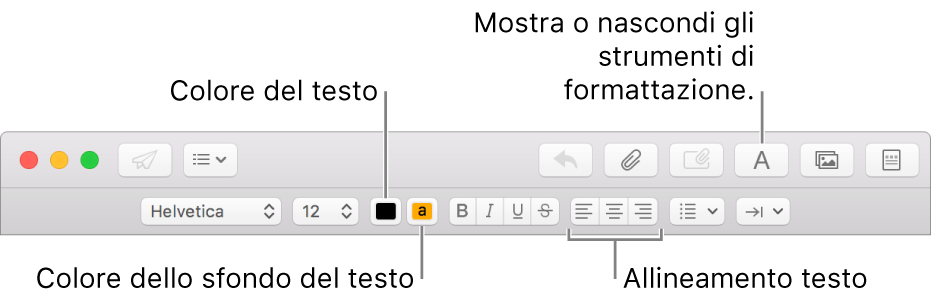 Barra degli strumenti e barra della formattazione nella finestra di un nuovo messaggio con i pulsanti per il colore del testo, il colore dello sfondo del testo e l’allineamento del testo.