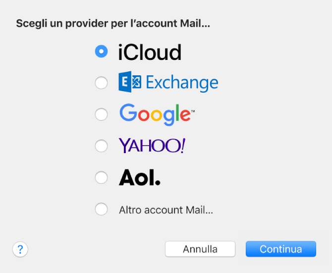 Pannello “Aggiungi account” per l’aggiunta di account e-mail in Mail.