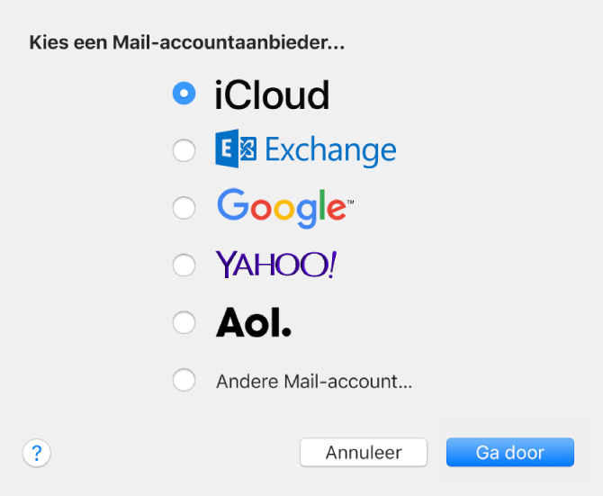 Het paneel voor het toevoegen van e-mailaccounts aan Mail.