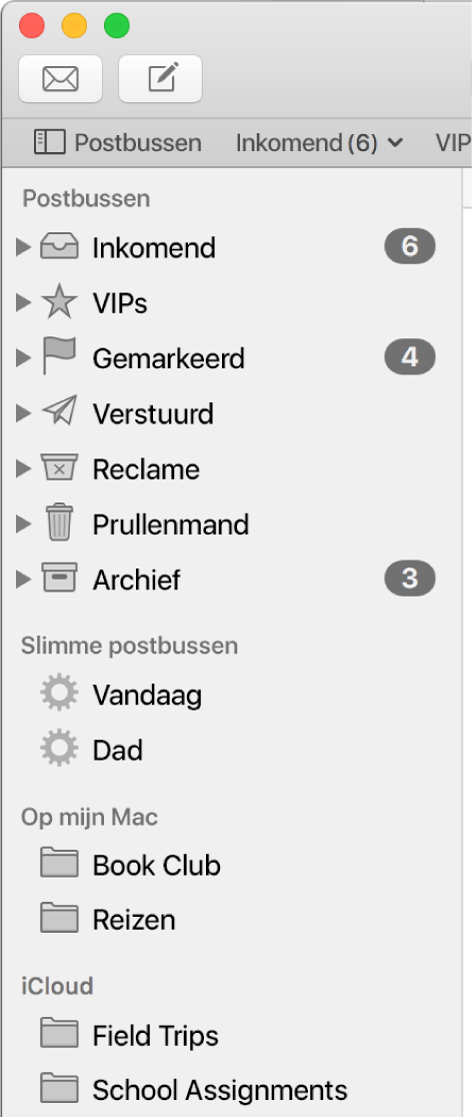 De navigatiekolom van Mail met bovenaan de standaardpostbussen (zoals 'Inkomend' en 'Concepten'), en daaronder postbussen die je hebt aangemaakt in de gedeelten 'Op mijn Mac' en 'iCloud'.