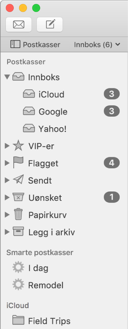 Mail-sidepanelet som viser forskjellige kontoer og postkasser. Over sidepanelet er Postkasser-knappen (finnes i favorittlinjen) som du klikker på for å vise eller skjule sidepanelet.