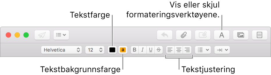 Verktøylinjen og formateringslinjen i et nytt meldingsvindu som viser knapper for tekstfarge, bakgrunnsfarge og tekstjustering.