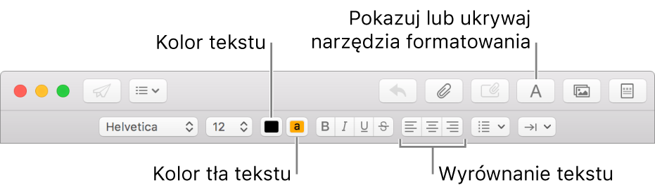 Pasek narzędzi oraz pasek formatu w oknie nowej wiadomości wskazujący przyciski stosowania koloru tekstu, koloru tła oraz wyrównania.