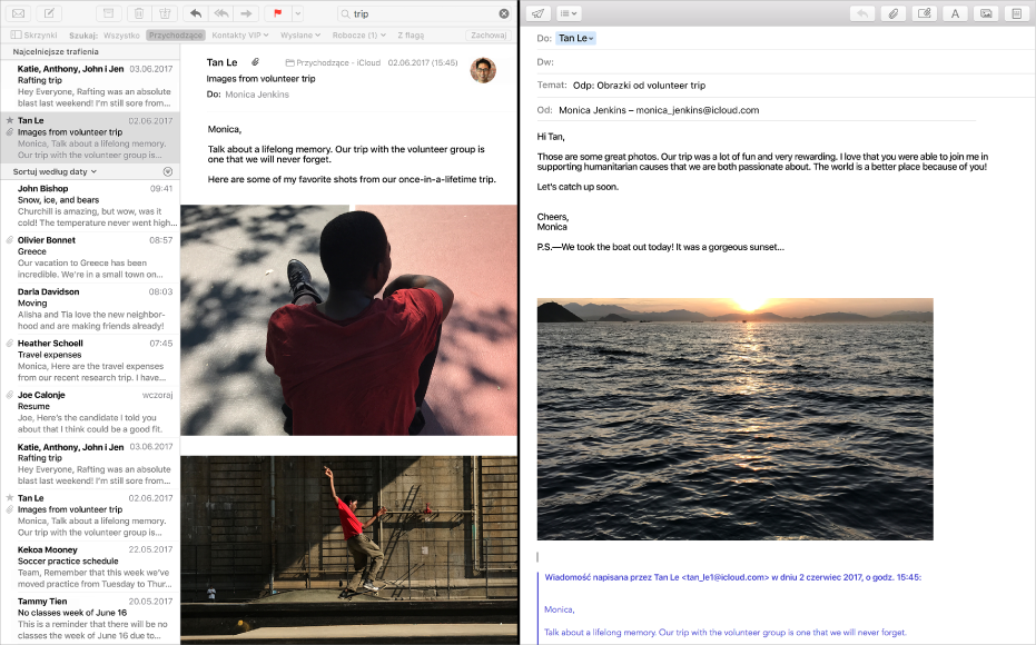 Aplikacja Mail w widoku Split View oraz okno Mail z listą wiadomości, a obok okno redagowania wiadomości.