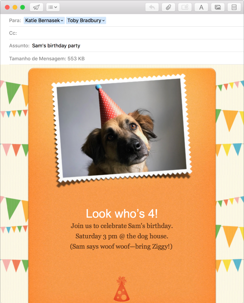 A janela Criar mensagem do Mail exibindo uma nova mensagem que usa um modelo e uma foto.