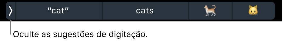 Sugestões de digitação mostrando palavras e emojis, e o botão para ocultar as sugestões de digitação à esquerda.