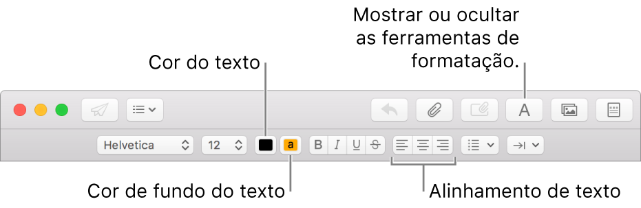 A barra de ferramentas e a barra de formatação numa janela de nova mensagem, a indicar os botões de cor do texto, cor de fundo do texto e alinhamento de texto.