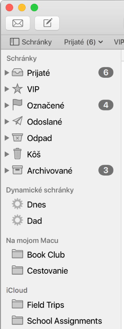 Postranný panel aplikácie Mail zobrazujúci štandardné schránky (Prijaté a Koncepty) v hornej časti postranného panela a vytvorené schránky v častiach Na mojom Macu a iCloud.