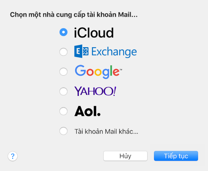 Khung Thêm tài khoản để thêm các tài khoản email vào Mail.