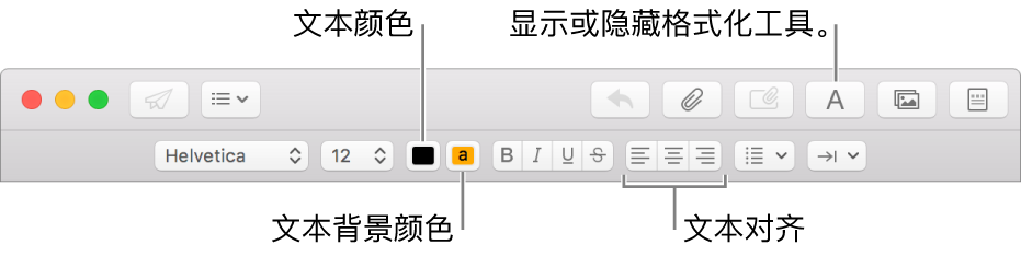 新邮件窗口中的工具栏和格式化栏，指示文本颜色、文本背景颜色和文本对齐按钮。