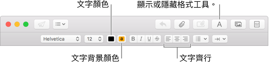 新增郵件視窗中的工具列和格式列，指出文字顏色、文字背景顏色和文字對齊方式按鈕。