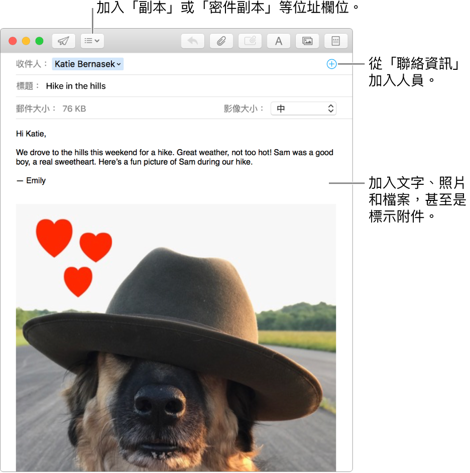 一個新郵件視窗會顯示「標題欄位」按鈕、在位址欄位中的「加入按鈕」（用於從「聯絡資訊」加入成員），並在郵件內容中顯示已標示的影像。