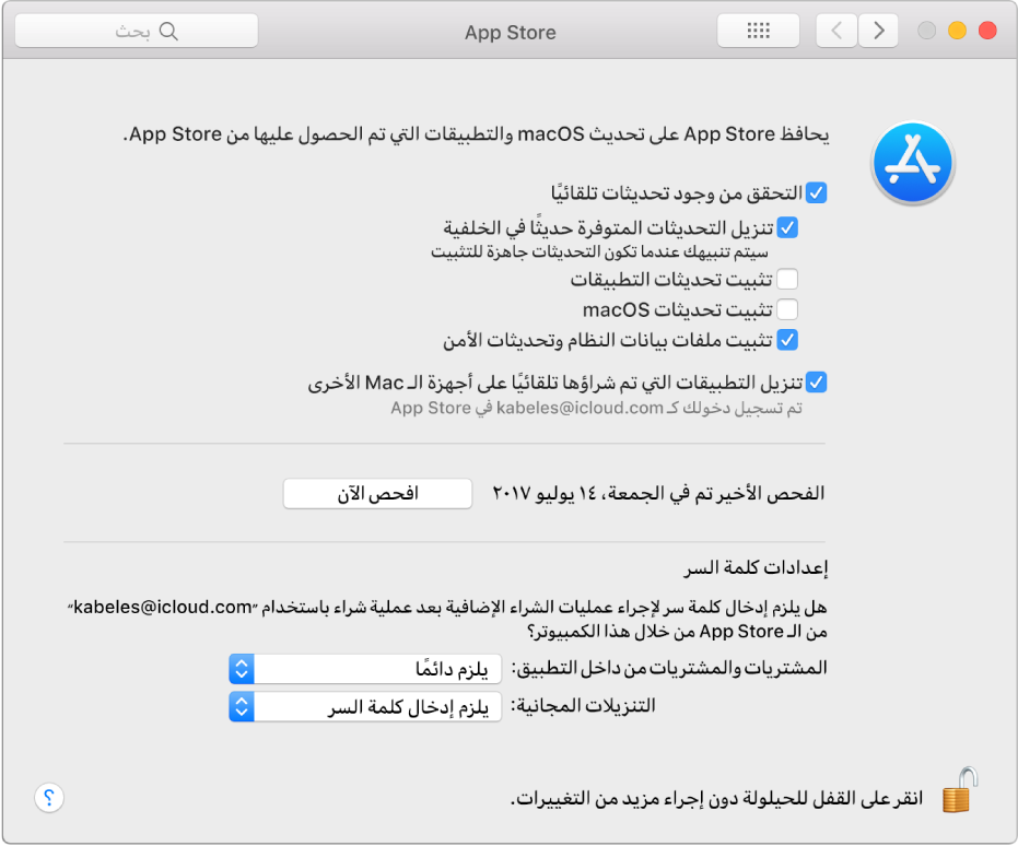 خيارات التحديث في تفضيلات App Store.